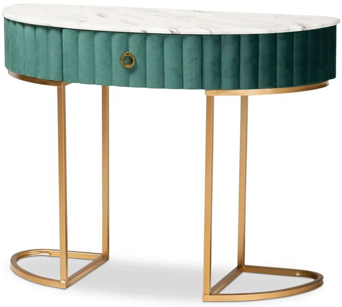 Baxton Studio Beale Luxe and Glam Green Velvet Upholstered and Brushed Gold Finished 1-Drawer Console Table with Faux Marble Tabletop