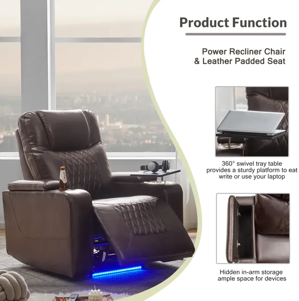 Merax Power Motion Recliner with USB Charging Port and Hidden Arm Storage 2 Convenient Cup Holders Design and 360° Swivel Tray Table