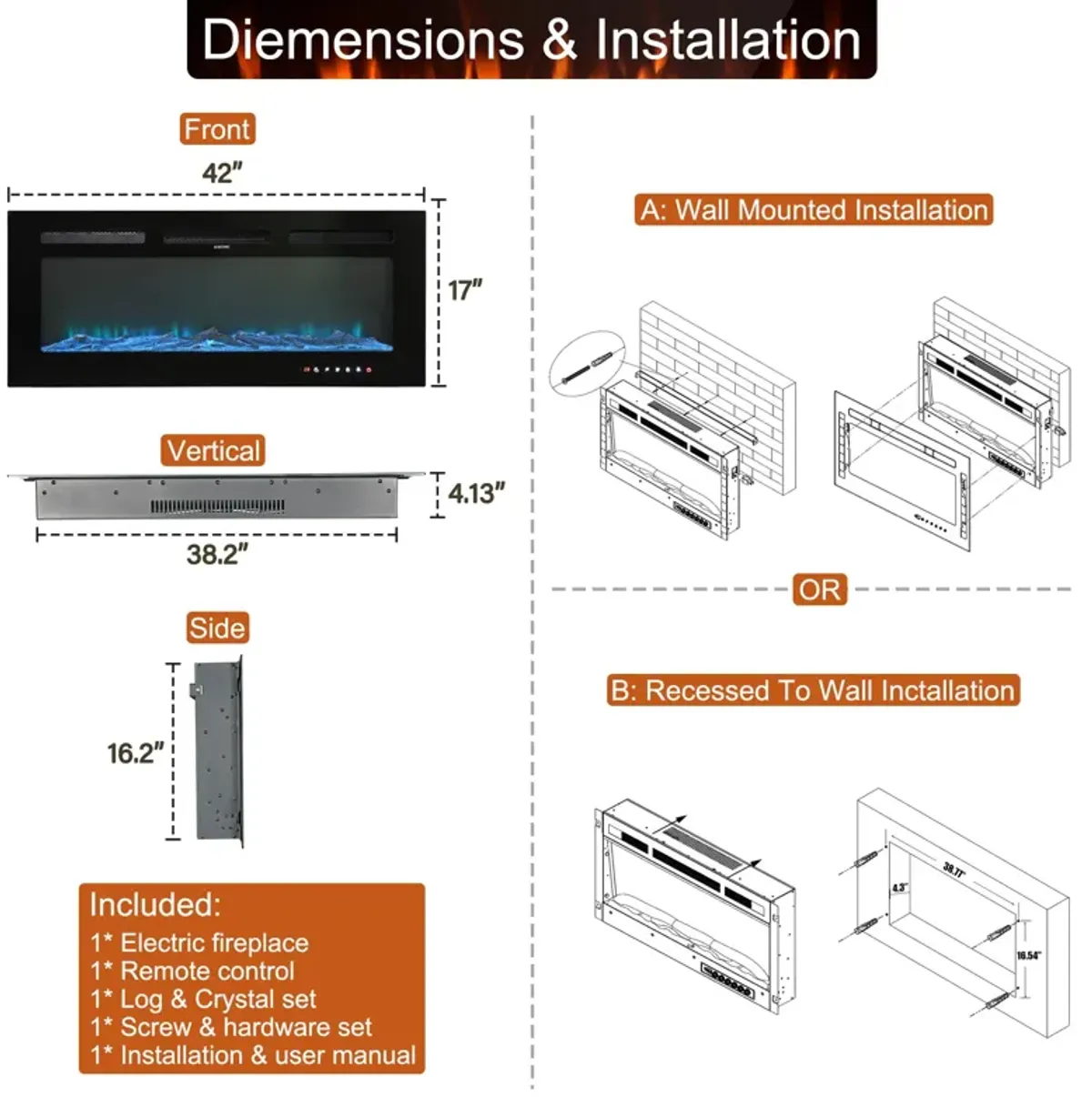 Black 42 in. Wall-Mounted Electric Fireplace with Logs & Crystals, Remote 1500/750W