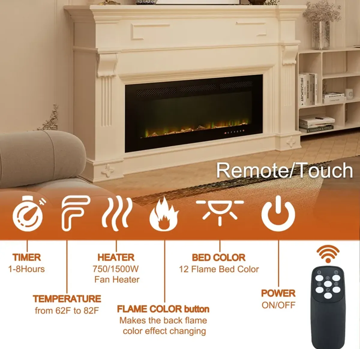 Black 42 in. Wall-Mounted Electric Fireplace with Logs & Crystals, Remote 1500/750W