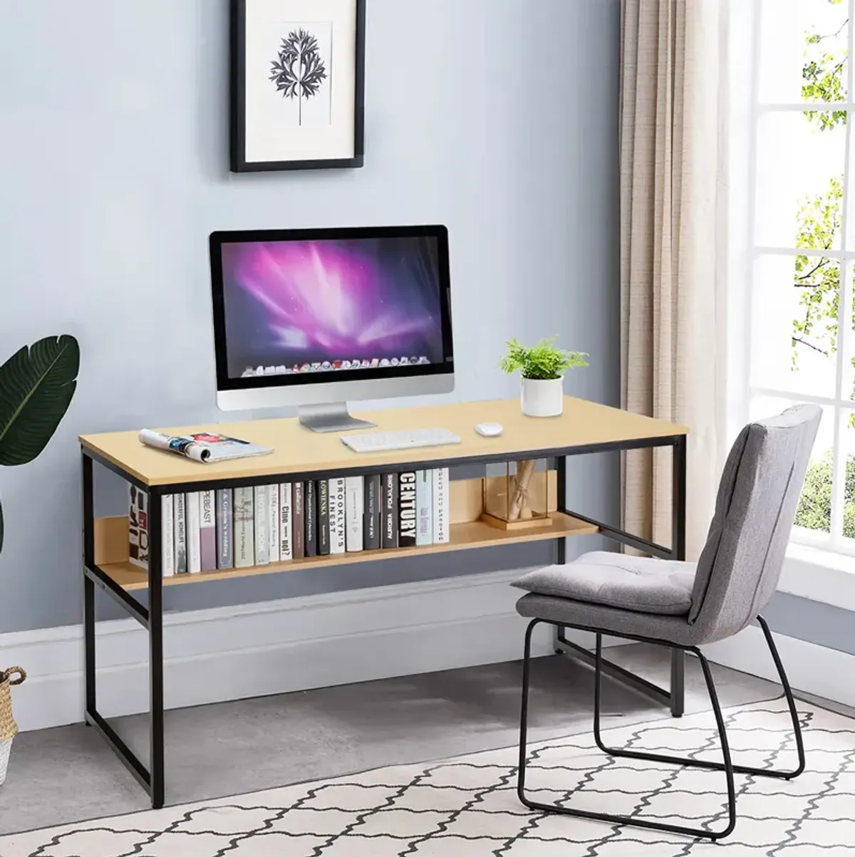 Costway 55'' Computer Desk Writing Table Workstation Home Office w/Bookshelf Natural