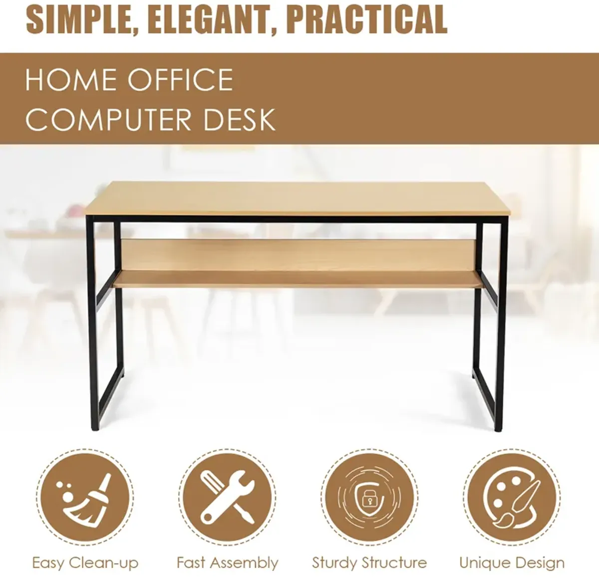 Costway 55'' Computer Desk Writing Table Workstation Home Office w/Bookshelf Natural