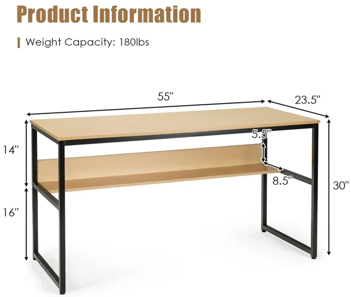 Costway 55'' Computer Desk Writing Table Workstation Home Office w/Bookshelf Natural