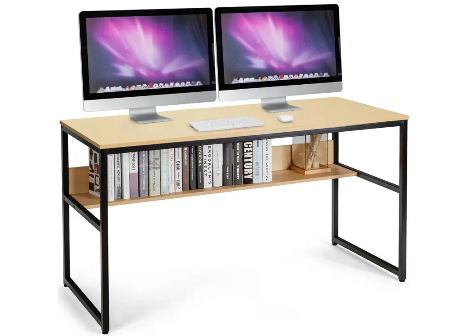 Costway 55'' Computer Desk Writing Table Workstation Home Office w/Bookshelf Natural