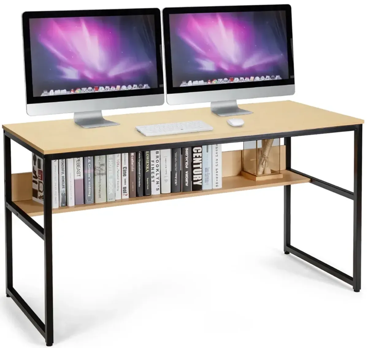 Costway 55'' Computer Desk Writing Table Workstation Home Office w/Bookshelf Natural