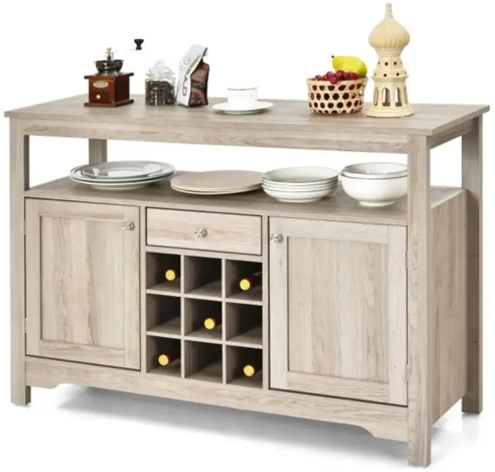 Hivvago Grey Wood Sideboard Buffet Server Cabinet with Wine Rack and Storage Shelf