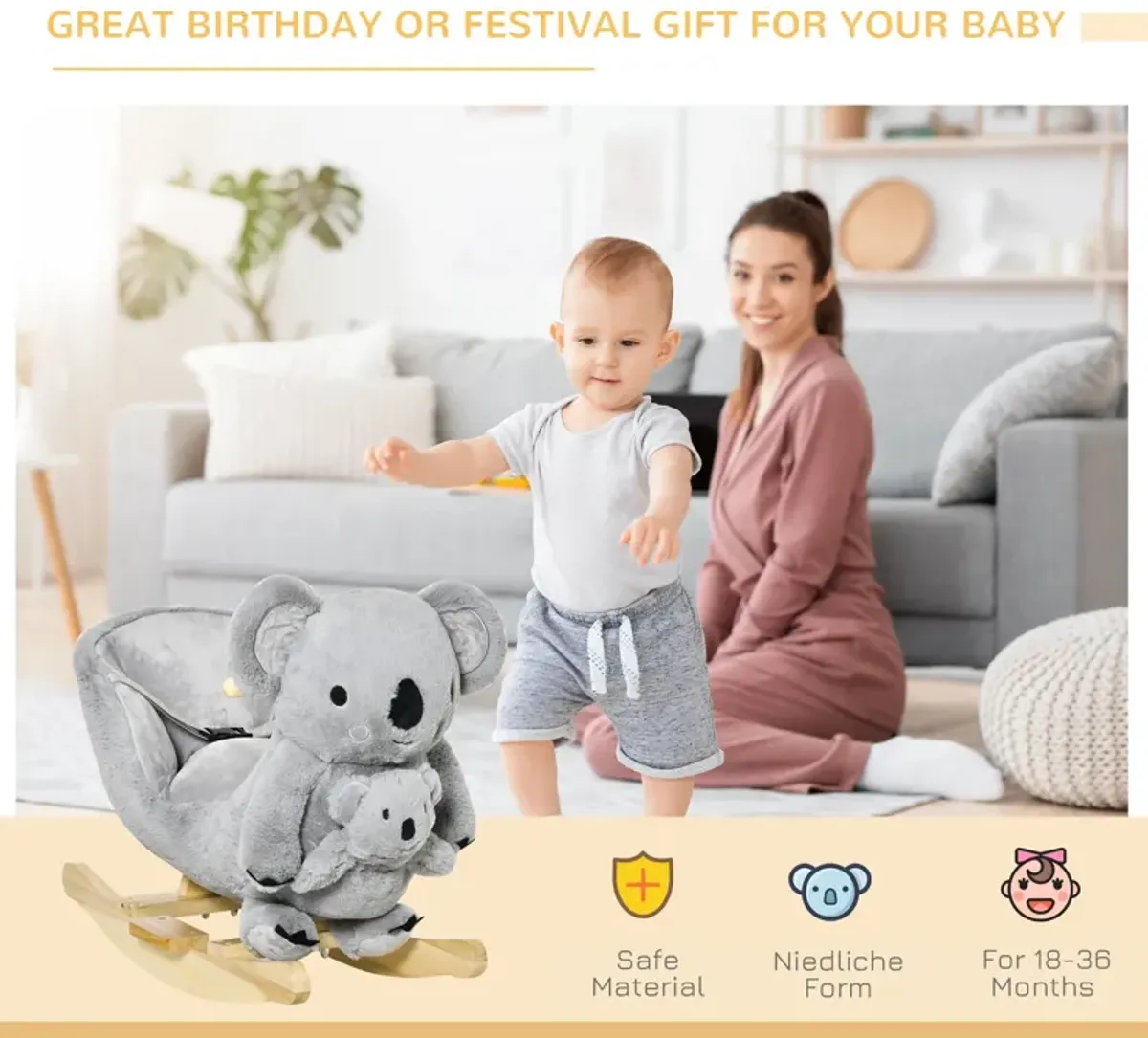 Gray Toddler Toy: Koala Plush Rocking Horse with Sounds