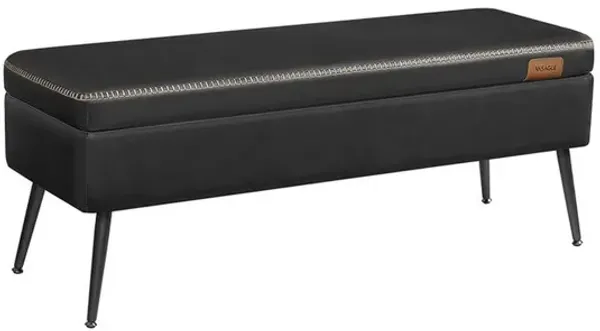 Fyn 47 Inch Storage Ottoman Bench, Angled Steel Legs, Black Faux Leather - Benzara