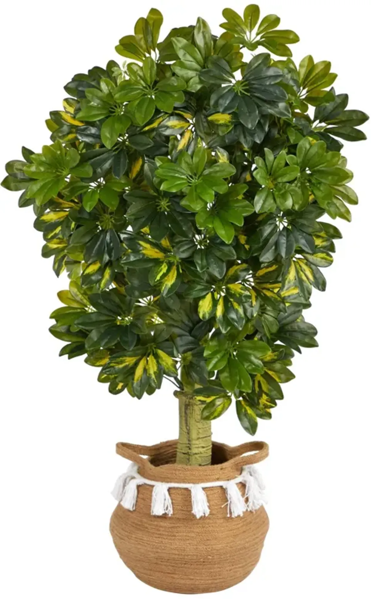 Nearly Natural 4-ft Schefflera Artificial Tree in Boho Chic Handmade Natural Cotton Woven Planter with Tassels (Real Touch)