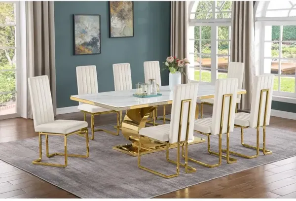 Best Quality Furniture 9pc Large(87) marble top dining set with gold base and 8 Cream side chairs