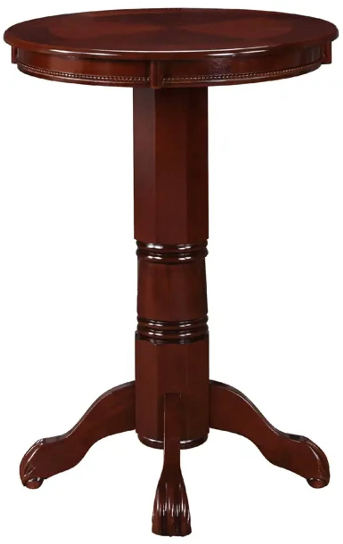 Ava 42 Inch Wood Pub Bar Table, Sunburst Design, Carved Pedestal, Dark Brown-Benzara