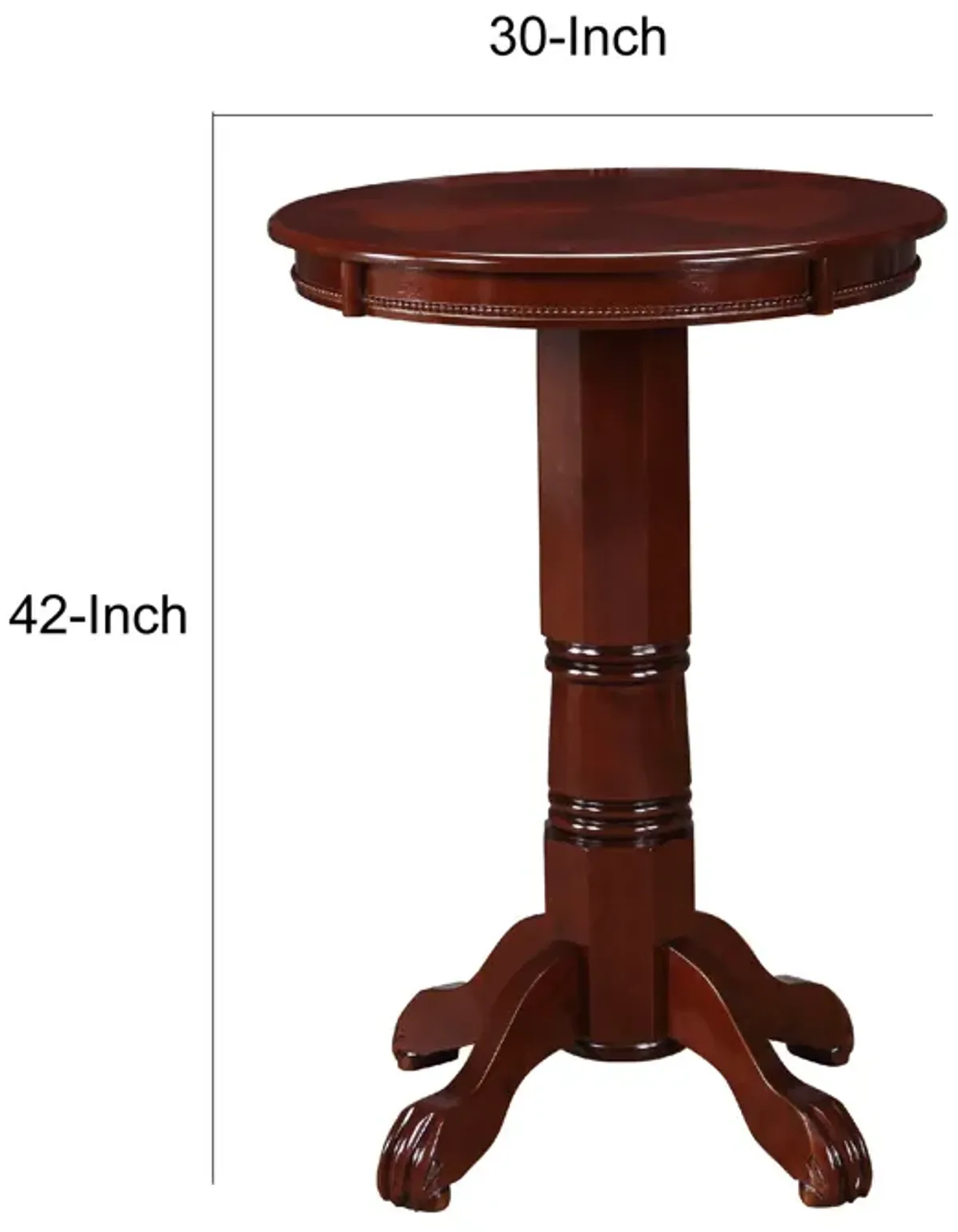 Ava 42 Inch Wood Pub Bar Table, Sunburst Design, Carved Pedestal, Dark Brown-Benzara