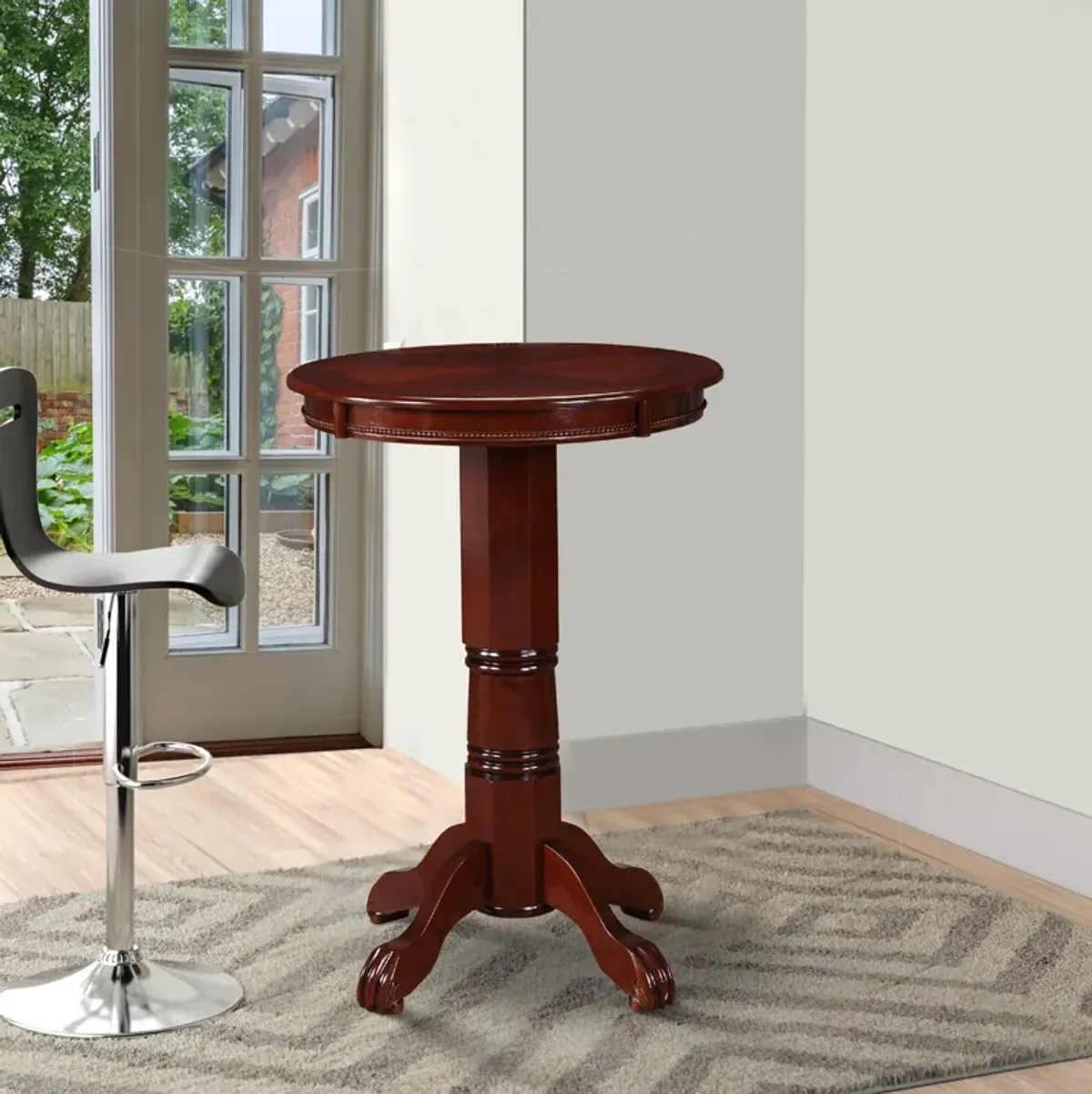 Ava 42 Inch Wood Pub Bar Table, Sunburst Design, Carved Pedestal, Dark Brown-Benzara