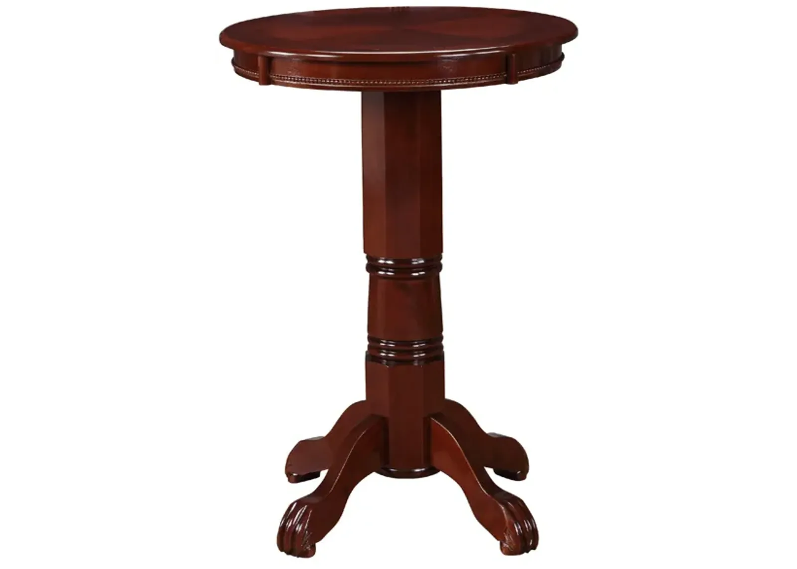 Ava 42 Inch Wood Pub Bar Table, Sunburst Design, Carved Pedestal, Dark Brown-Benzara