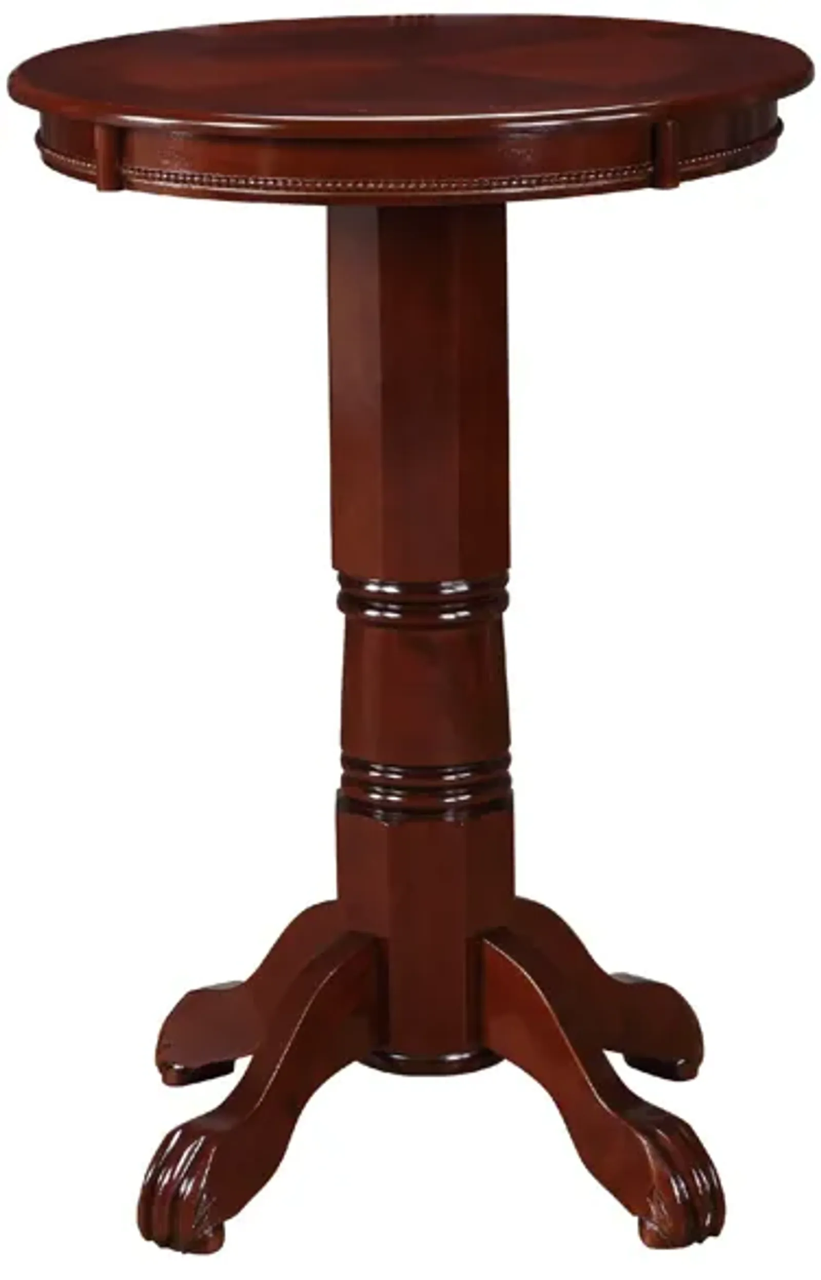 Ava 42 Inch Wood Pub Bar Table, Sunburst Design, Carved Pedestal, Dark Brown-Benzara