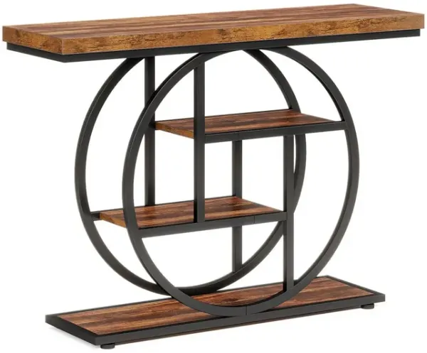 Ari 4 Tier Console Table, 41 Inch Rustic Brown Wood, Black Metal Frame