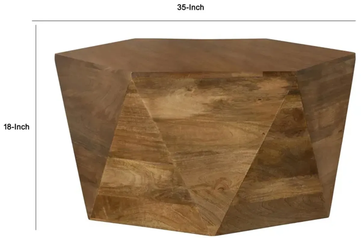 35 Inch Wood Drum Coffee Table, Artisan Hexagonal Rich Natural Brown Finish-Benzara