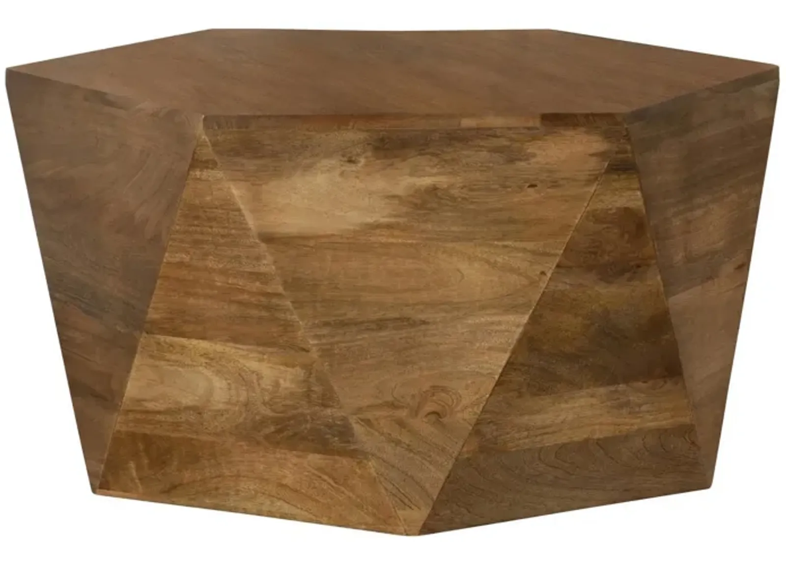 35 Inch Wood Drum Coffee Table, Artisan Hexagonal Rich Natural Brown Finish-Benzara