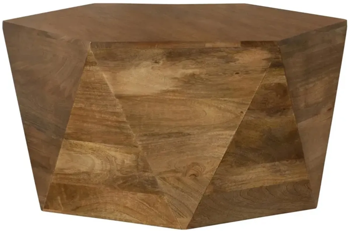 35 Inch Wood Drum Coffee Table, Artisan Hexagonal Rich Natural Brown Finish-Benzara