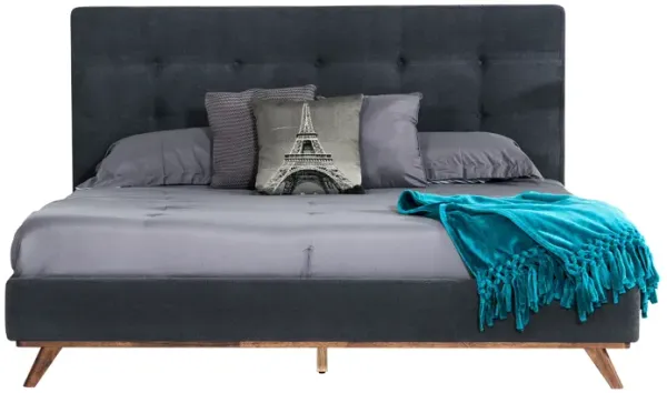 Adia Platform King Bed, Dark Gray Button Tufted Polyester Upholstery - Benzara