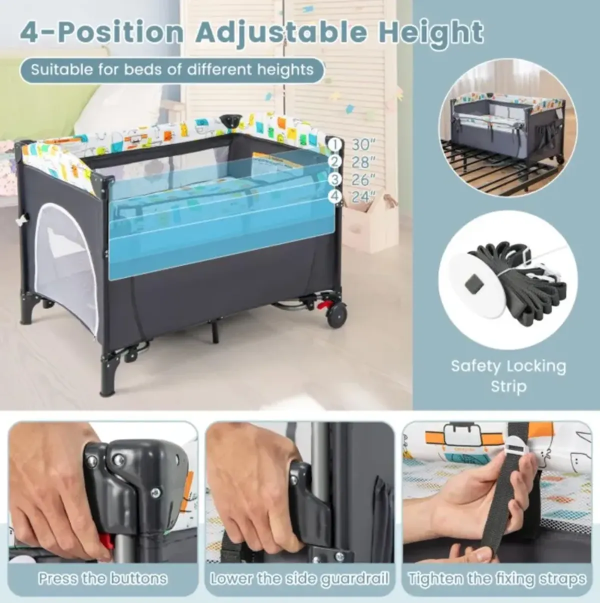 Hivvago 5-in-1 Baby Nursery Center Foldable Toddler Bedside Crib with Music Box