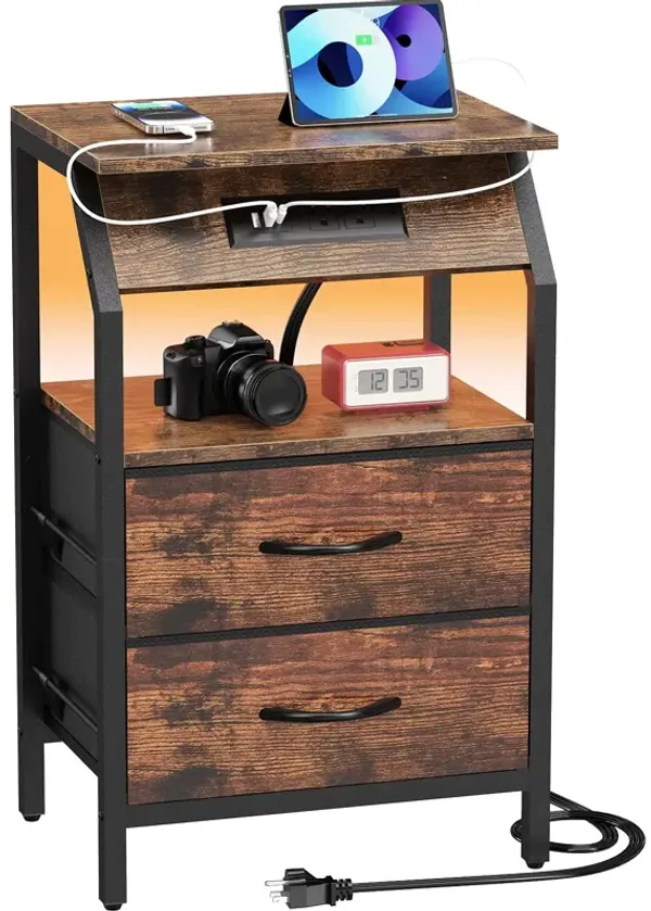 SZLHANJZ End Table with LED Lights, Nightstand with 2 Drawers and Type C Charging Station, Small Fabric Dresser for Bedside, Sto
