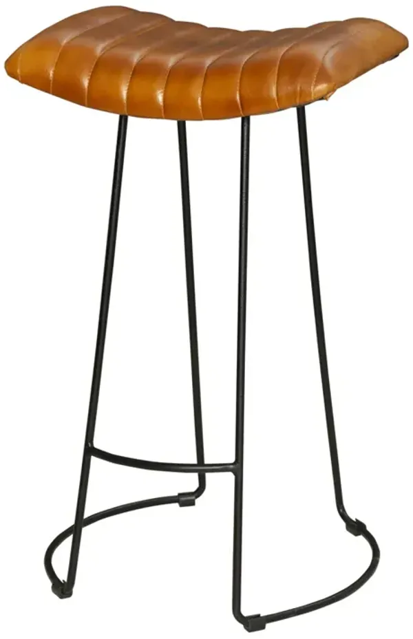 Industrial Barstool With Curved Genuine Leather Seat And Tubular Frame, Tan Brown And Black