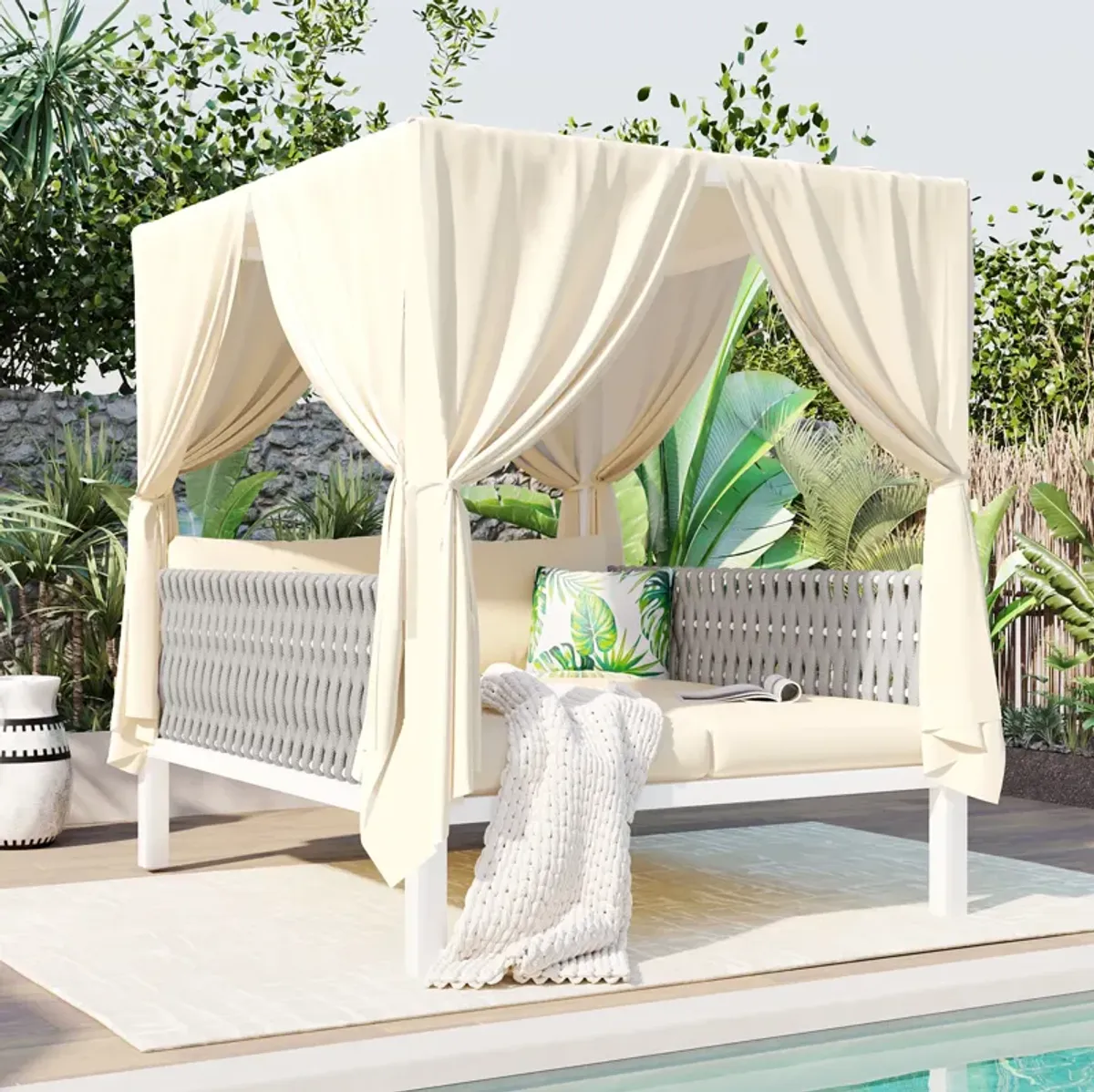 Merax Outdoor Patio Sunbed with Curtains