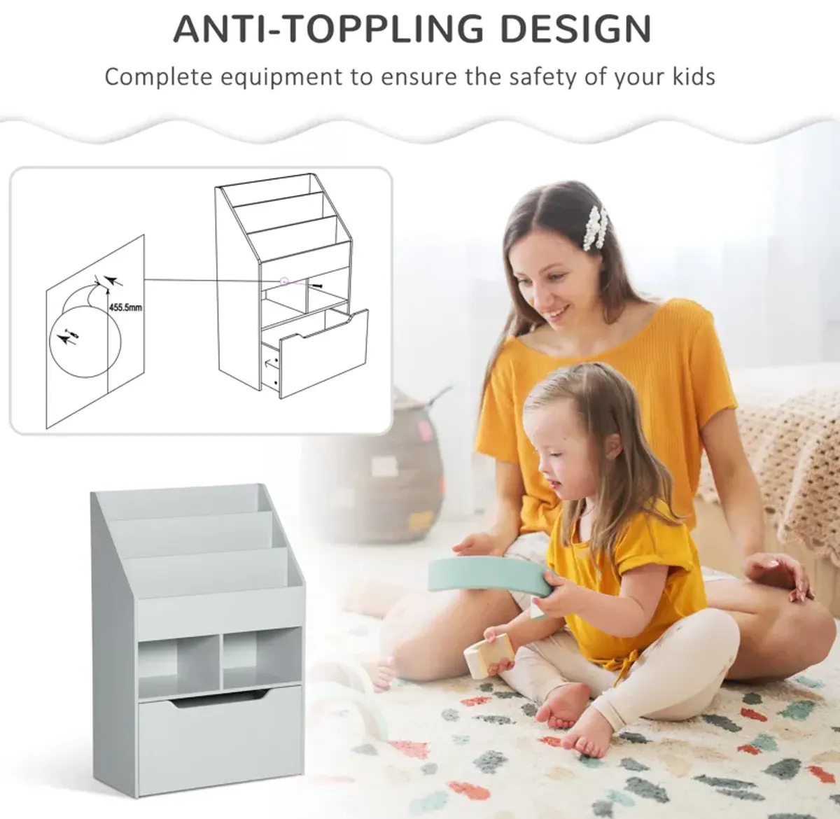 Gray Kids' Organizer: Bookcase with Shelves, Bins and Drawer