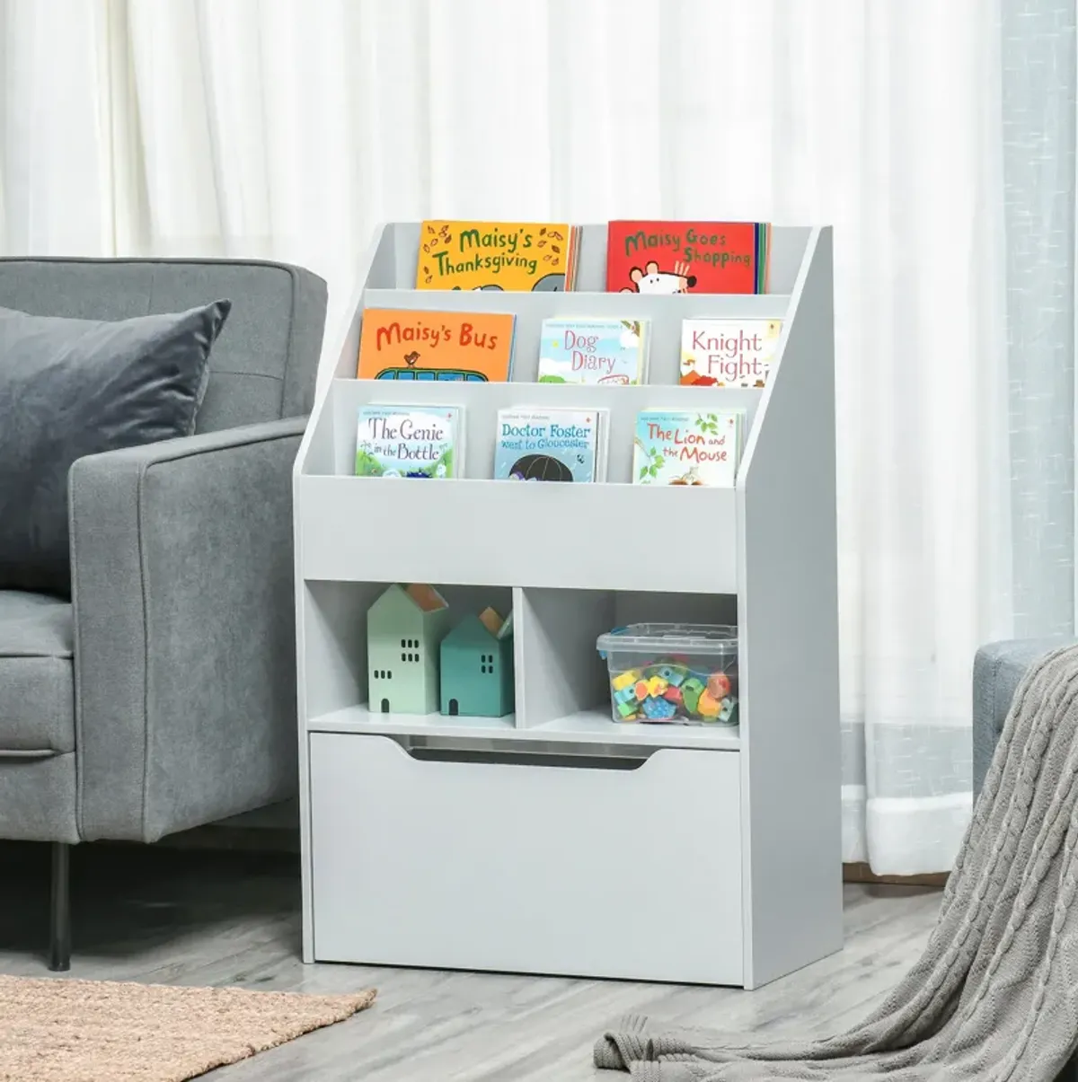 Gray Kids' Organizer: Bookcase with Shelves, Bins and Drawer