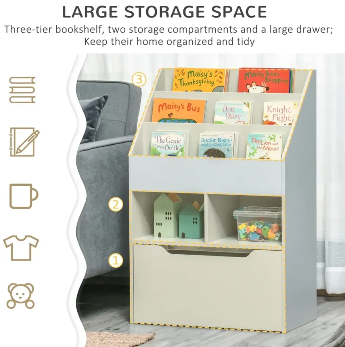 Gray Kids' Organizer: Bookcase with Shelves, Bins and Drawer