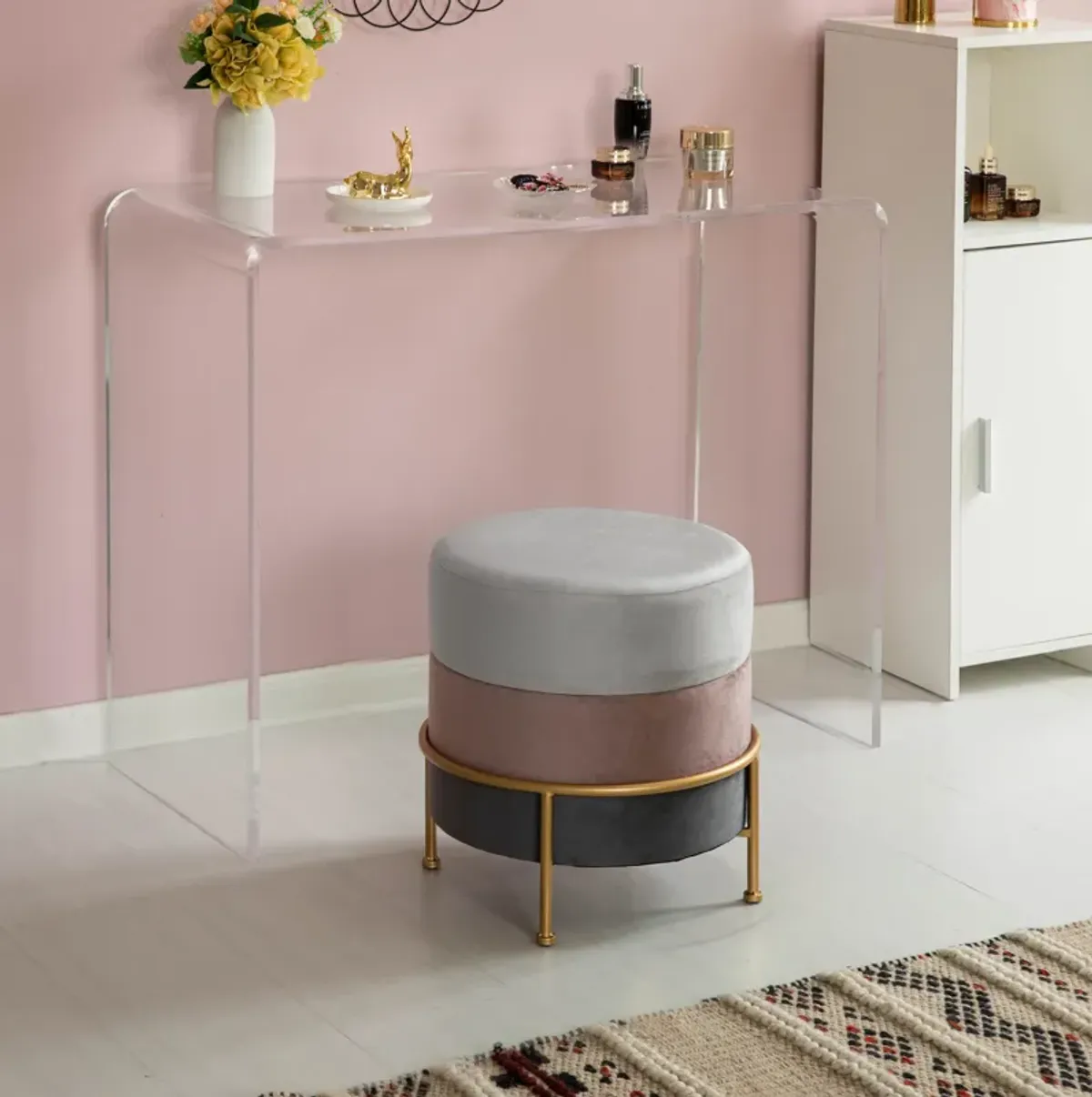 Round Velvet Ottoman Stool 16" Tall Tricolor with Gold Metal Stand