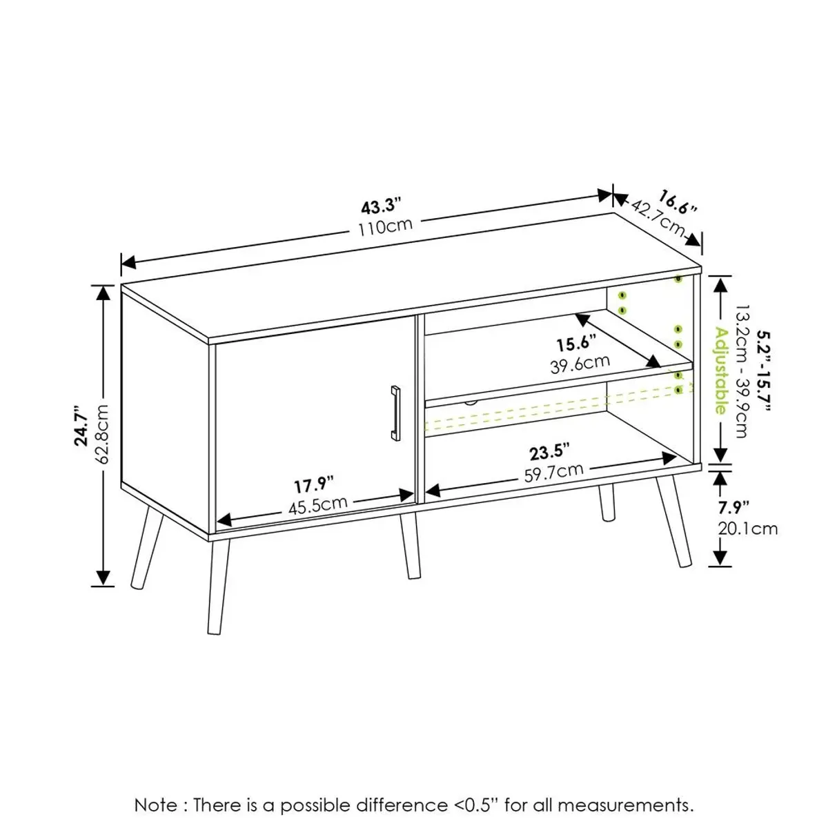 Furinno Claude Mid Century Style TV Stand with Wood Legs, One Cabinet Two Shelves, French Oak Grey