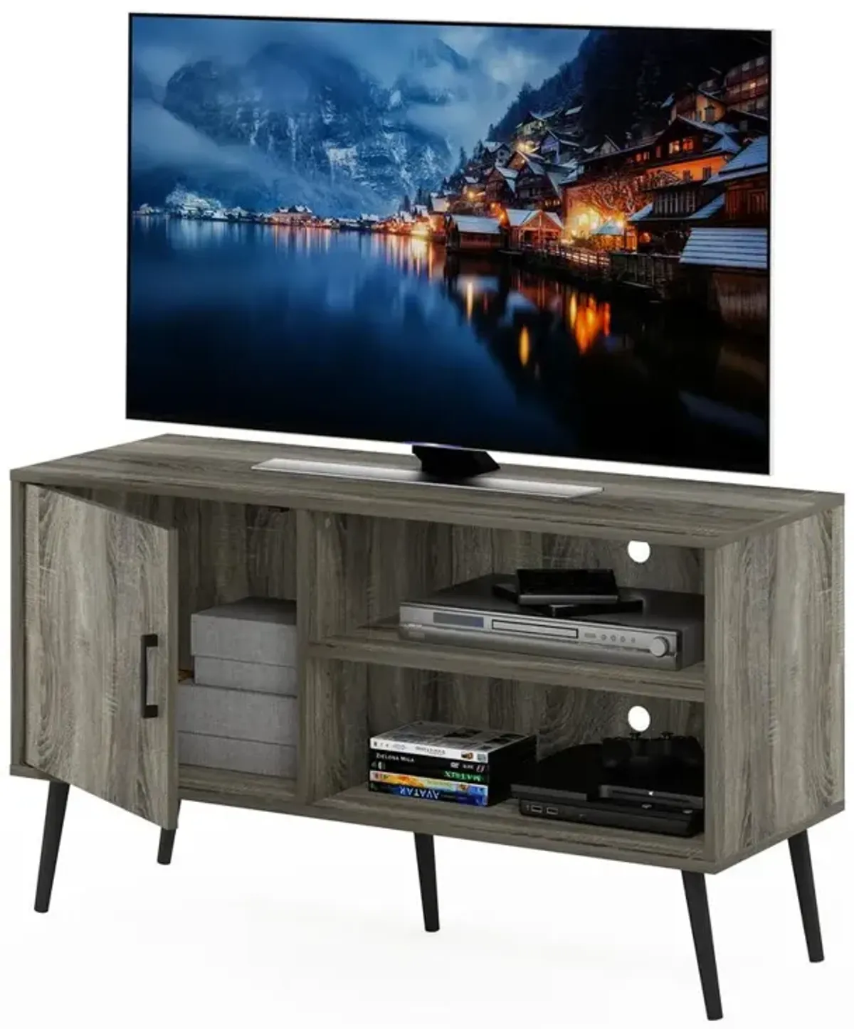 Furinno Claude Mid Century Style TV Stand with Wood Legs, One Cabinet Two Shelves, French Oak Grey