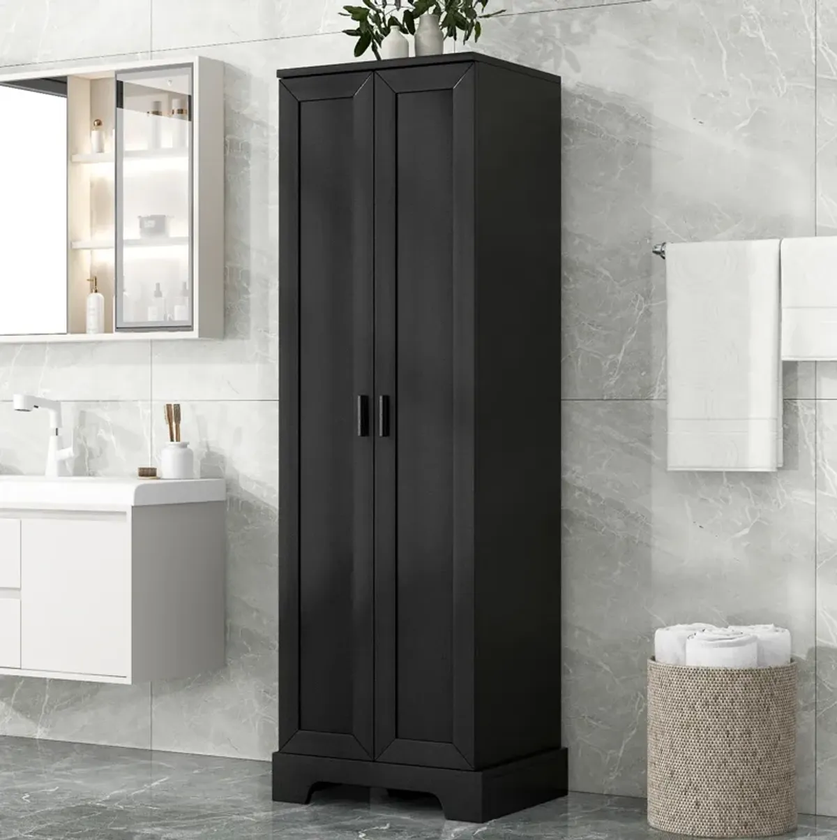 Whisen Double Door Bathroom Storage Cabinet with Adjustable Shelf, Verticle Cabinet - Black