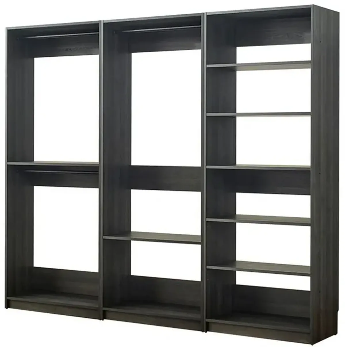 Dee Modular Closet System, 3 Hanging Rods and 6 Shelves, Dark Gray Wood - Benzara