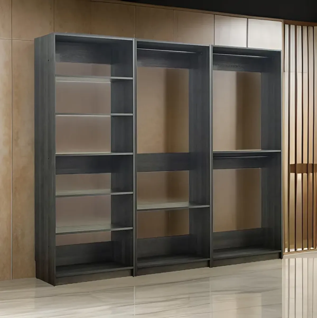 Dee Modular Closet System, 3 Hanging Rods and 6 Shelves, Dark Gray Wood - Benzara