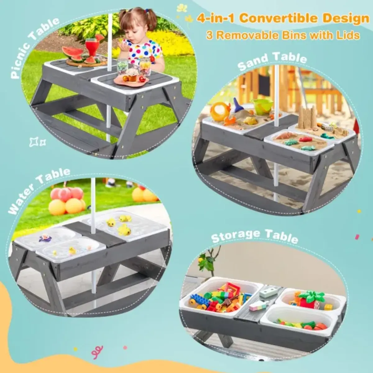 Hivvago Kids Picnic Table Set with 3 Removable Bins-Gray