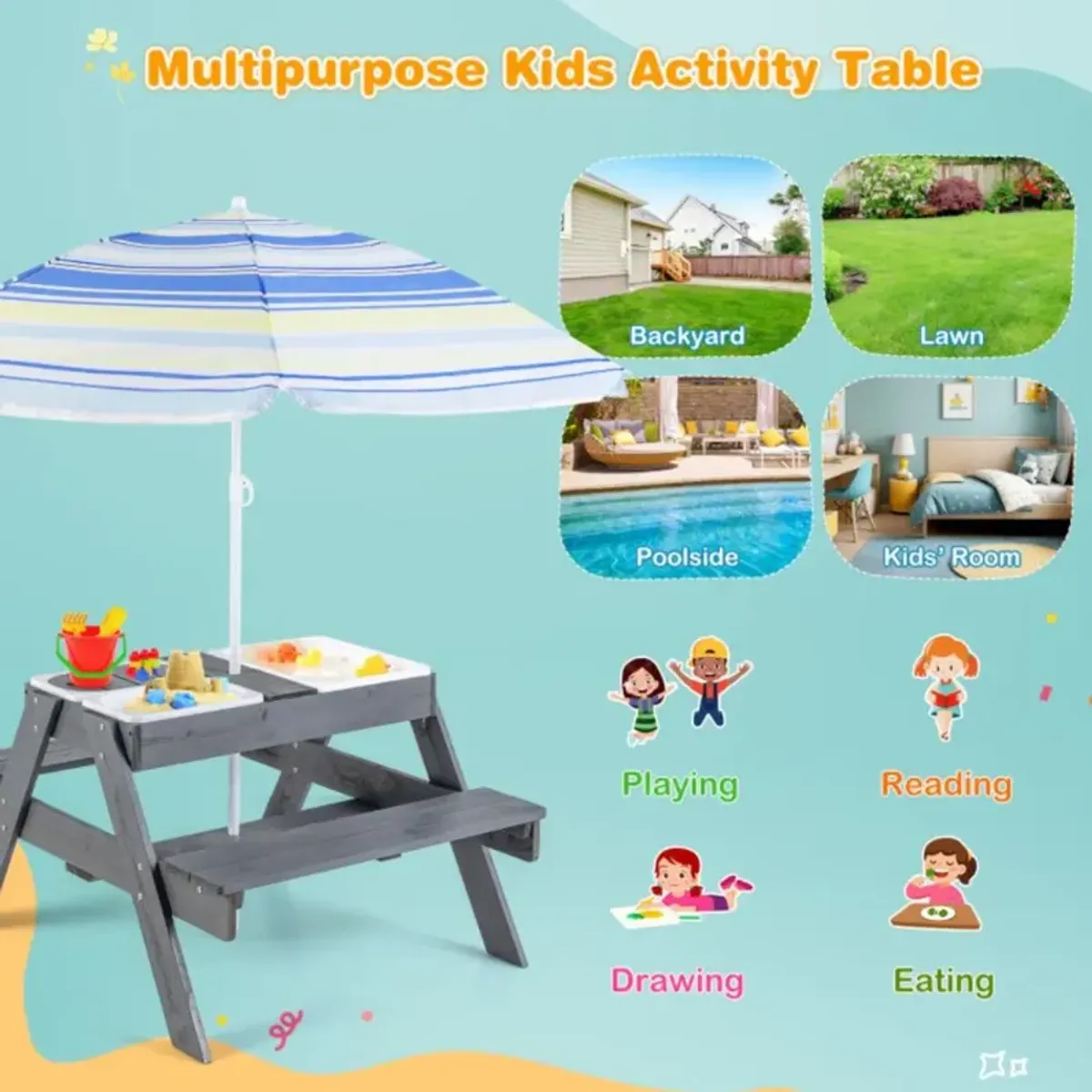 Hivvago Kids Picnic Table Set with 3 Removable Bins-Gray