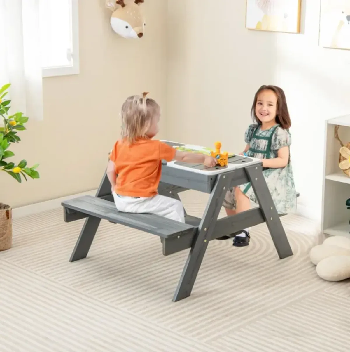 Hivvago Kids Picnic Table Set with 3 Removable Bins-Gray