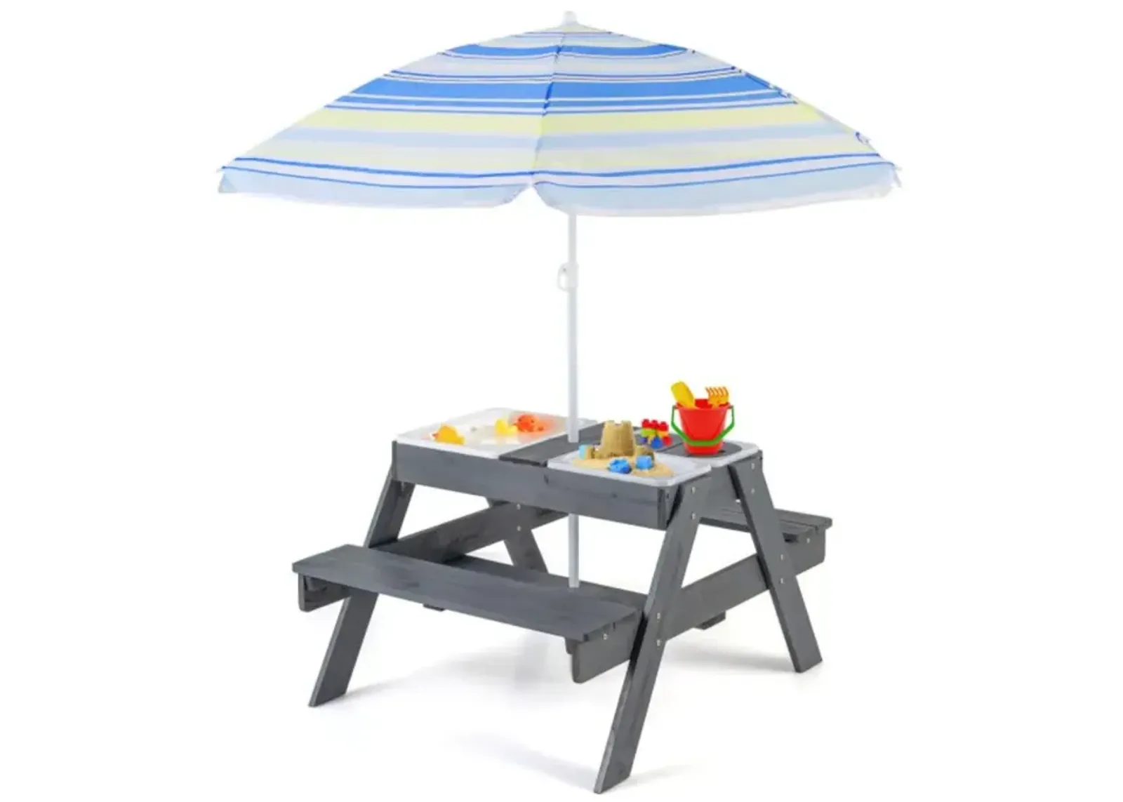 Hivvago Kids Picnic Table Set with 3 Removable Bins-Gray