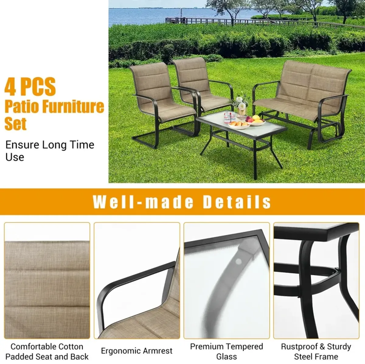 4 Pieces Outdoor Patio Conversation Sets with Padded Glider Loveseat and Coffee Table