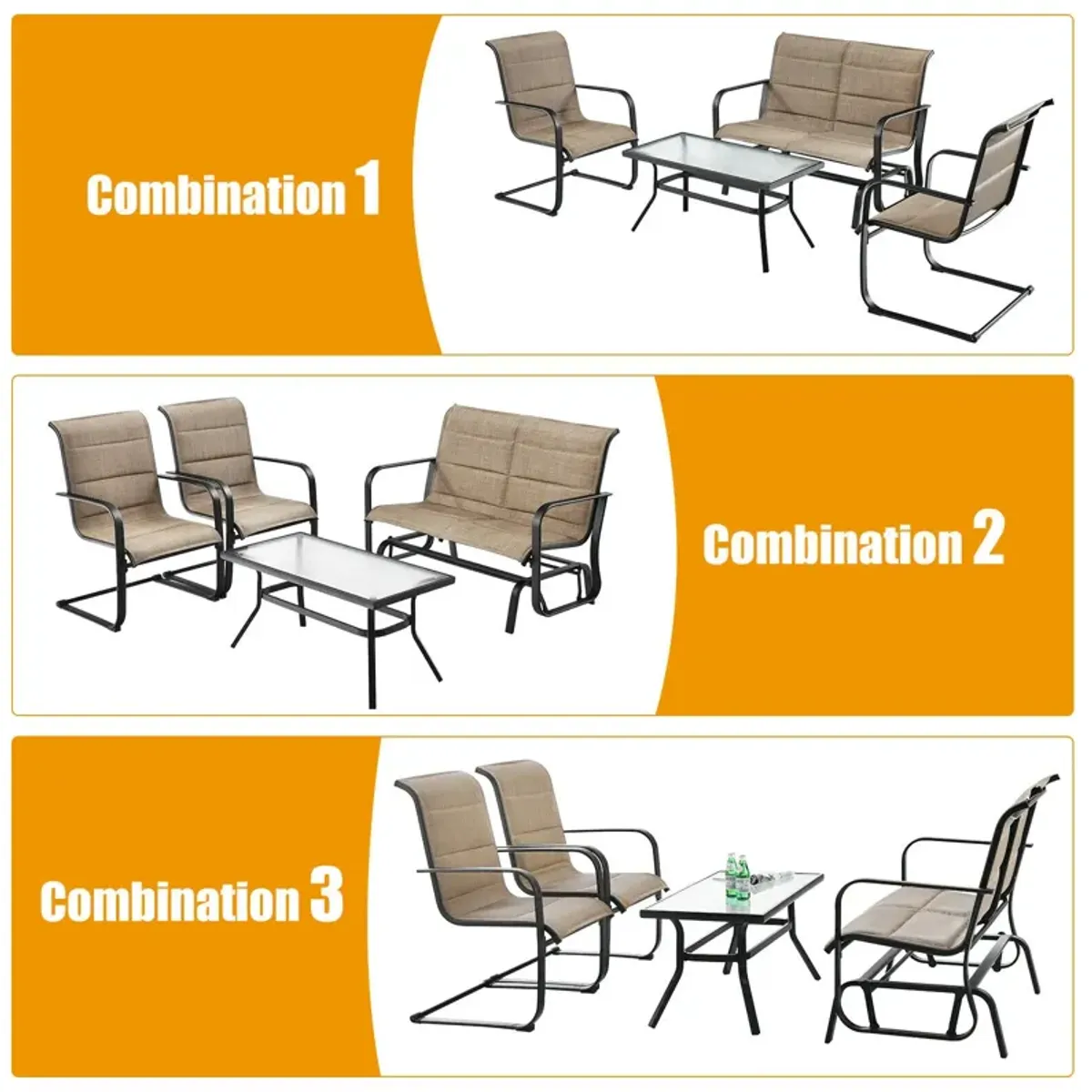 4 Pieces Outdoor Patio Conversation Sets with Padded Glider Loveseat and Coffee Table