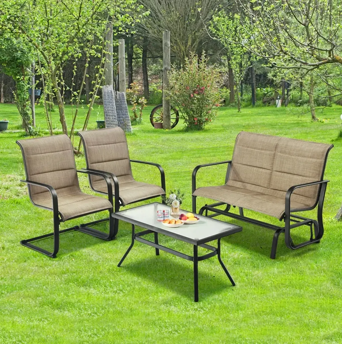 4 Pieces Outdoor Patio Conversation Sets with Padded Glider Loveseat and Coffee Table