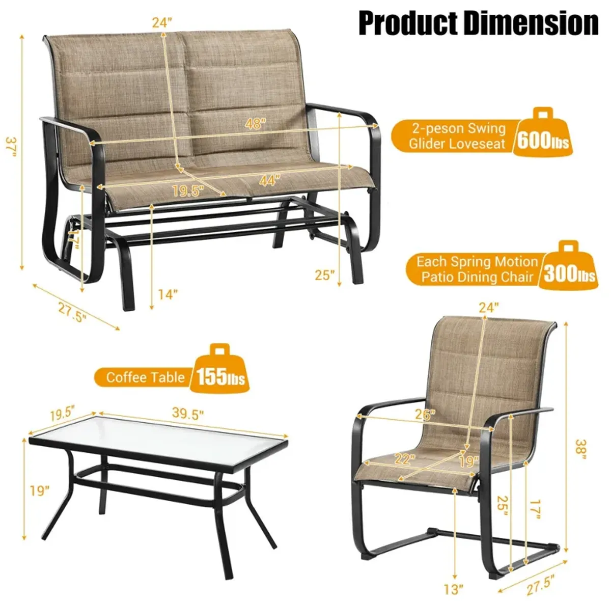 4 Pieces Outdoor Patio Conversation Sets with Padded Glider Loveseat and Coffee Table