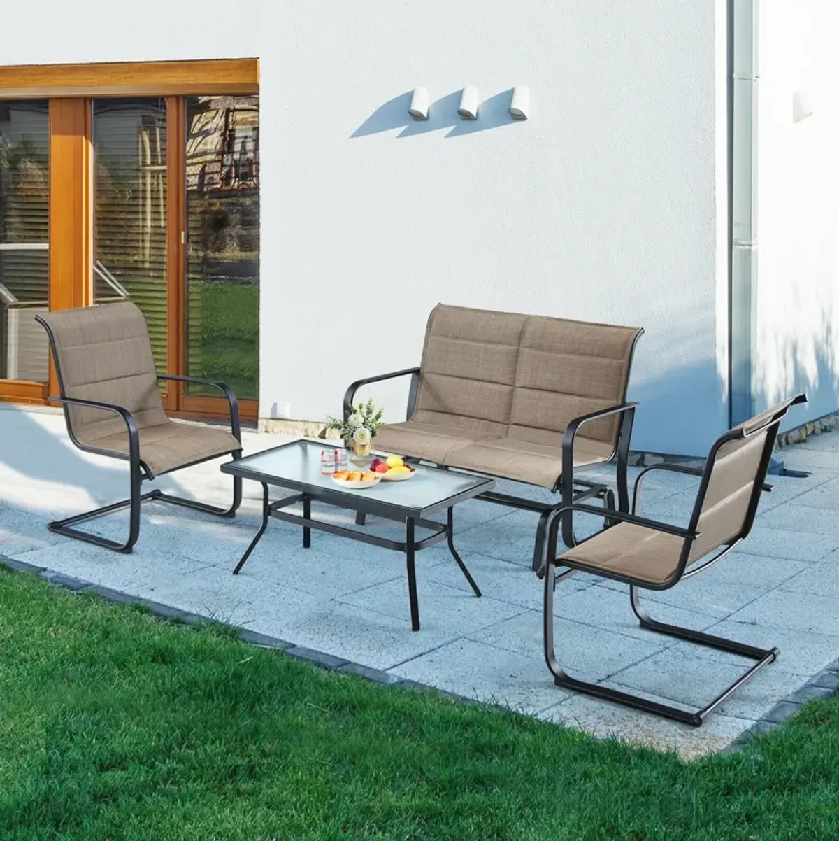 4 Pieces Outdoor Patio Conversation Sets with Padded Glider Loveseat and Coffee Table