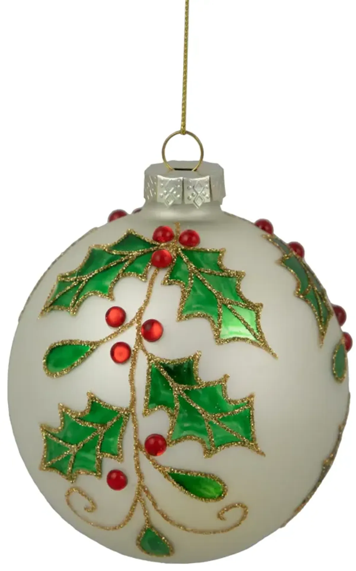 4.5" White Glass Christmas Ball Ornament with Holly Leaves