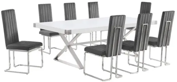 Best Quality Furniture 9pc Large(94) white wood top dining set with silver base and 8 chairs