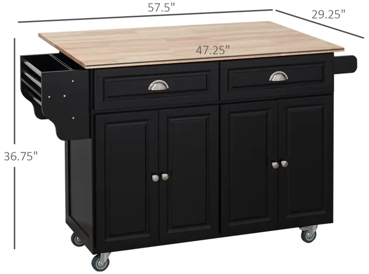 Black Culinary Aid: Rolling Kitchen Island with Wood Top & Storage