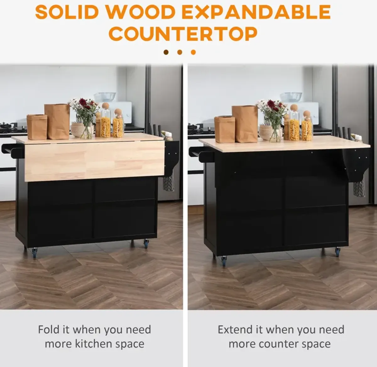 Black Culinary Aid: Rolling Kitchen Island with Wood Top & Storage